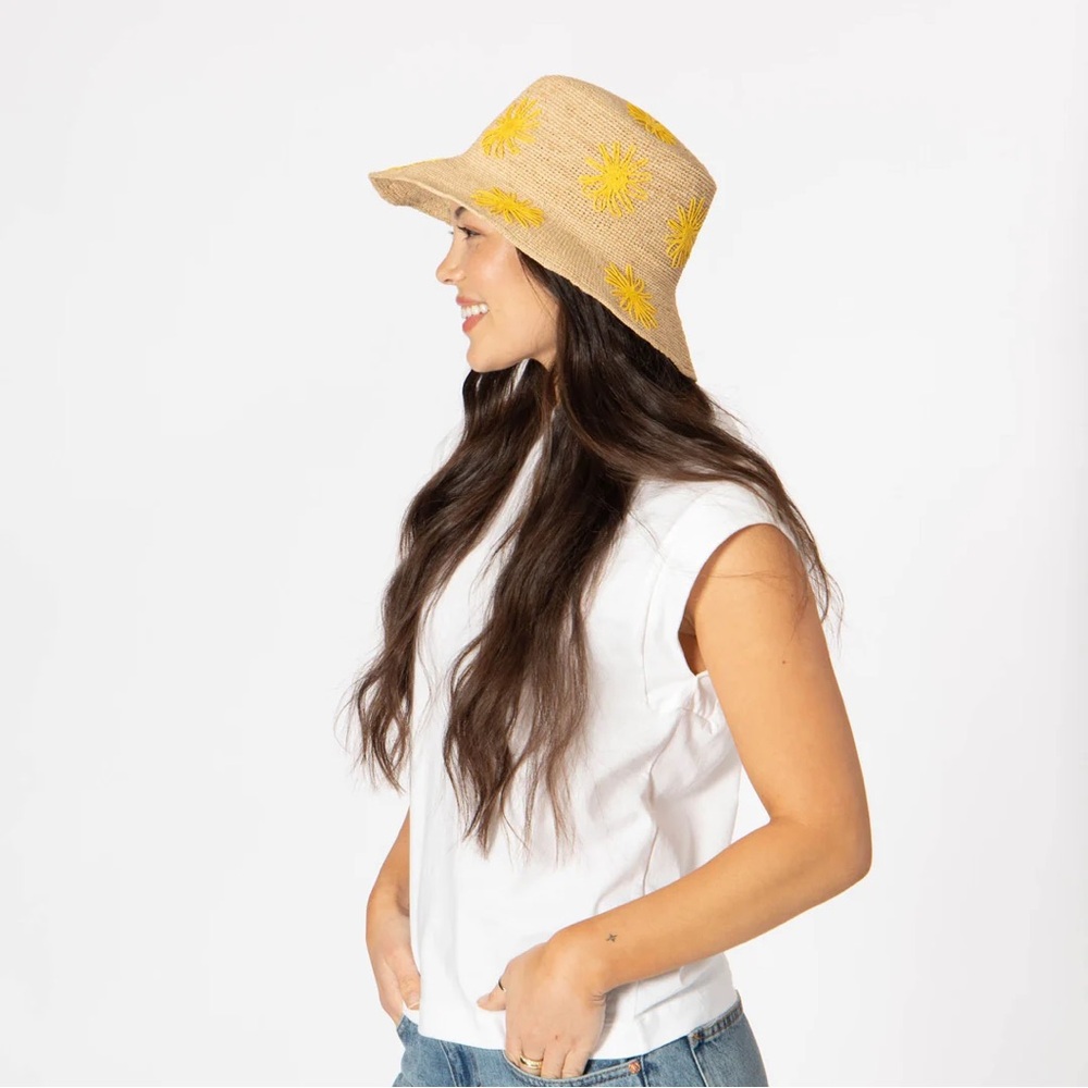 San Diego Hat Co. Sol - Crochet Raffia Bucket with Embroidered Flowers Yellow - Picture 5 of 5